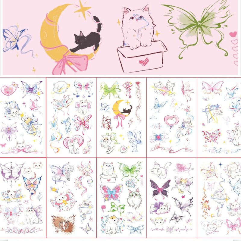 Cartoon Anime Butterfly and Cat Tattoo Stickers Ins Girly Heart Graffiti Dopamine Colorful Butterfly Tattoo Stickers