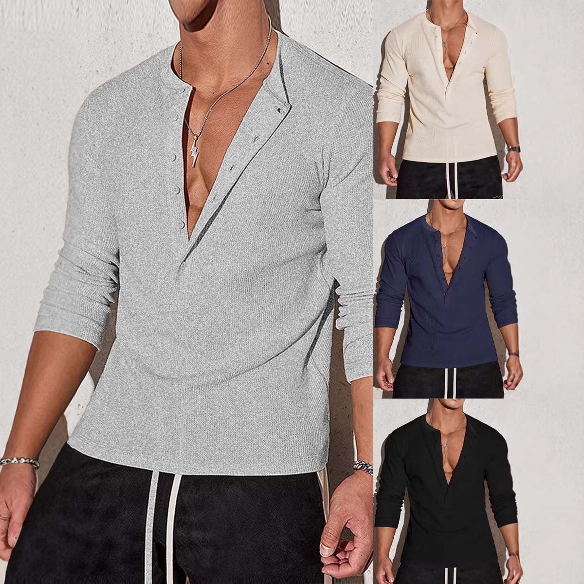 Comercio exterior transfronterizo de caño deportes para hombres acondicionamiento de ocio cuello vertical elástico manga larga cuello en V camisa polo para hombres