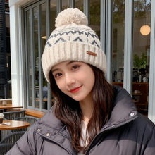 费尔岛风毛球针织帽女2025新款秋冬季百搭显脸小冷帽提花毛线帽子