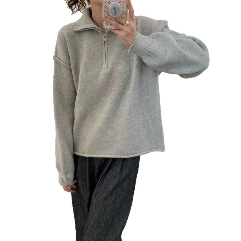 欧美跨境半拉链套头毛衣女秋冬新款宽松慵懒风休闲立领针织衫上衣|undefined