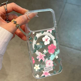 小清新百合木槿花磁吸透明壳iPhone18promax女款手机壳防摔保护套