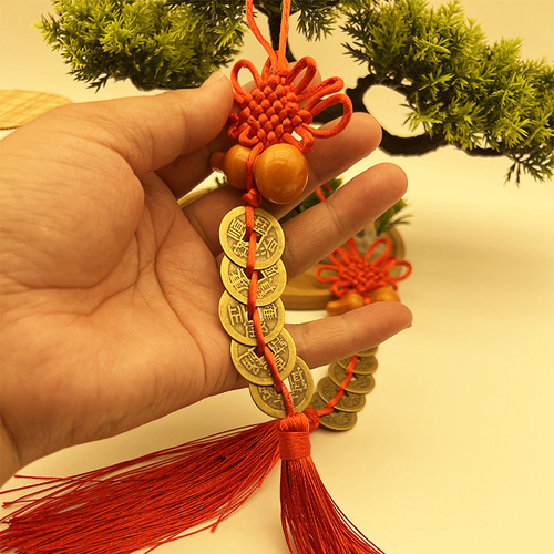 Manufacturer wholesale real brass Five Emperors Money Wooden Gourd Pendant Chinese Knot Door Trailer Hanging Small Gift Travel Souvenir