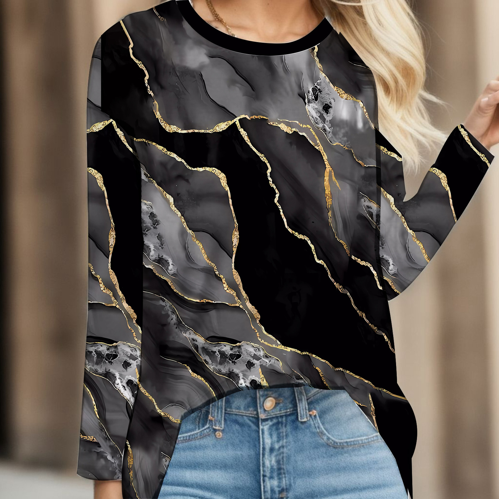Transfronterizo otoño e invierno nuevas señoras casual cuello redondo Pascua impresión digital casual suelto cuello redondo suéter de manga larga para mujer