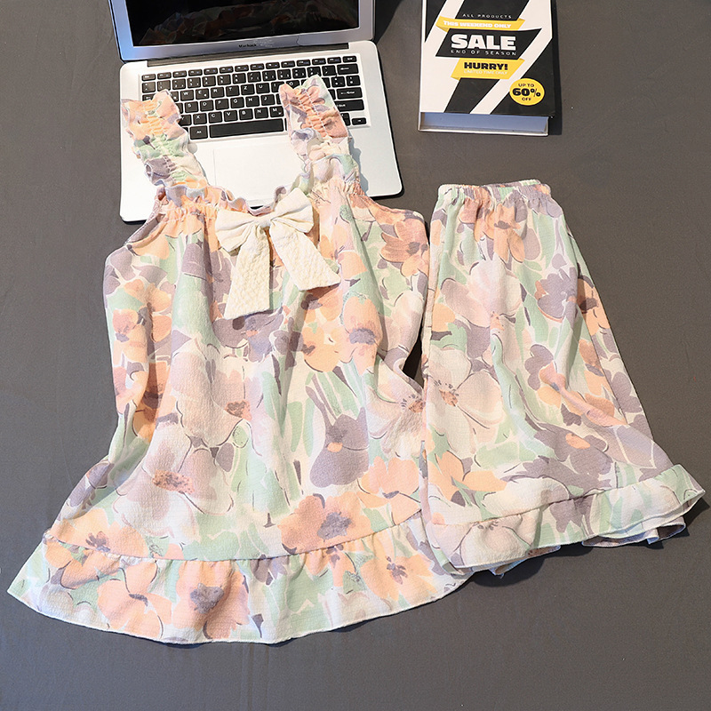 Ins Japanese Style Summer Vintage Small Flower Sling Shorts Bubble Cotton Pajamas Women's Casual Girl's Home Clothes with Chest Pad