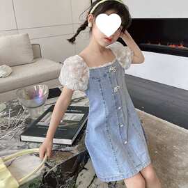 夏款儿童连衣裙夏季女孩洋气蕾丝泡泡短袖萝莉牛仔裙6293