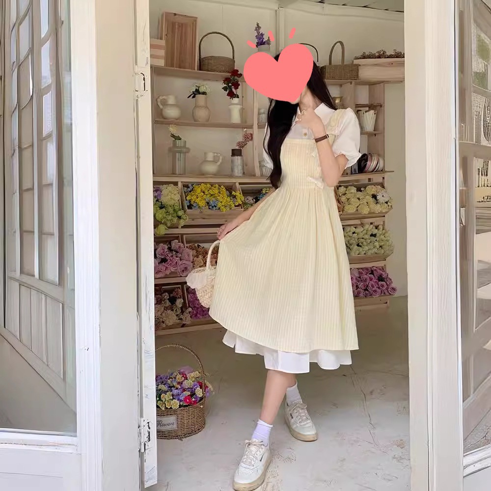 Fake Two-Piece Dress for Girls Summer New Style Junior High School and High School Students Sweet New Chinese Style Cheongsam Long Skirt Cross-Border