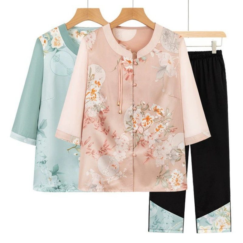 Бабушка летняя рубашка с рукавами из семи рукавов женская средняя и пожилая мама летняя кардиган костюм старушка одежда