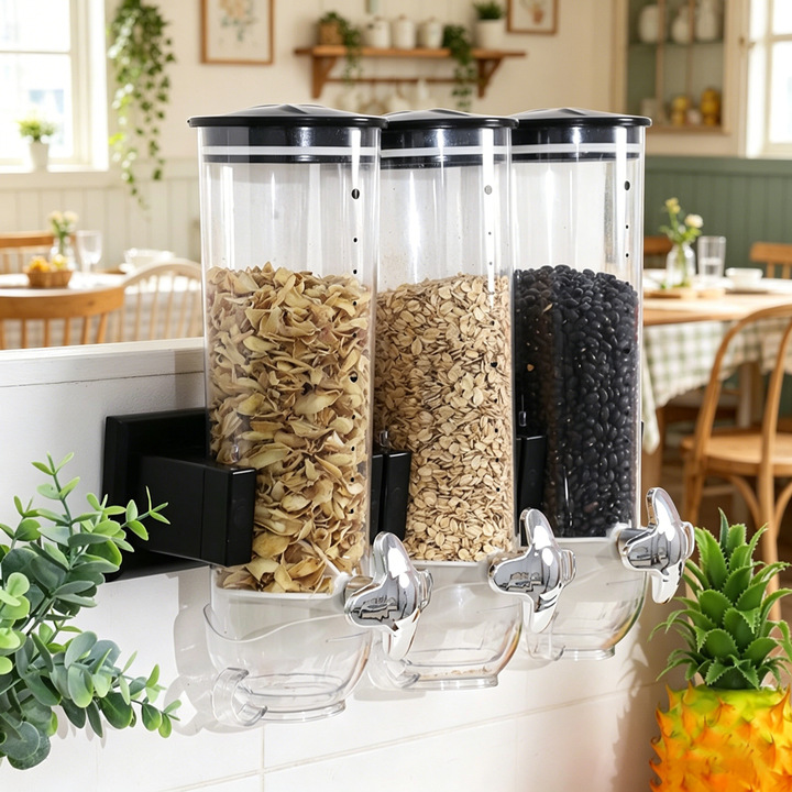 Dispensador de cereales de pared Shengma con tres compartimentos, nuevo modelo, recipiente para almacenar granos, tarro para refrigerios de cocina, tarro hermético para almacenar alimentos