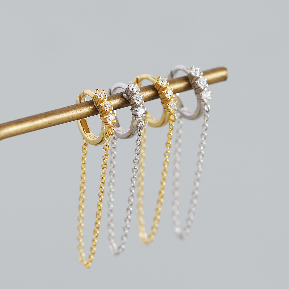 Simple S925 Silver Geometric Long Tassel Chain Zircon Earrings display picture 2