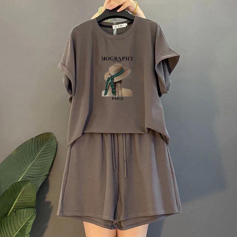 Plus Size Summer Fashion Youthful Casual Sports Versatile Batwing Sleeve Set for Women Korean Style Slimming Two-Piece Trendy