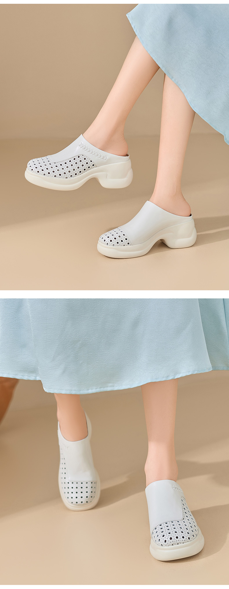 Dép sandal nữ da bò dệt rỗng, mũi trùm hở gót, đế dày ngoài trời — màu trắng ngà chi tiết 7