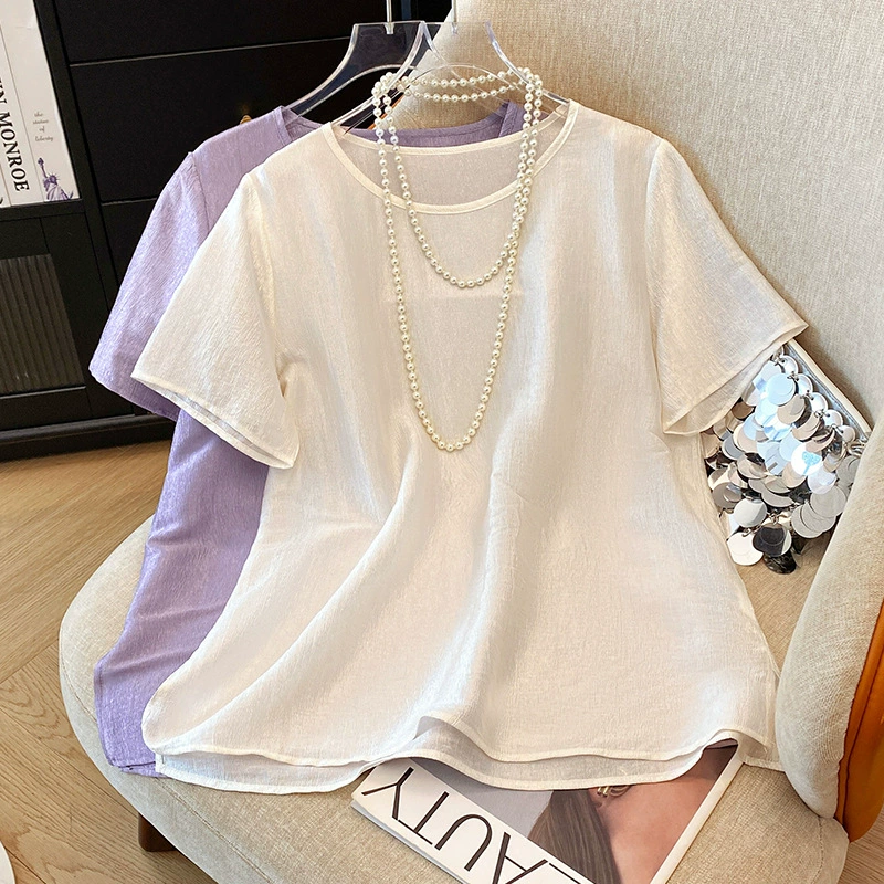 Настоящая фотография новой слегка прозрачной футболки в стиле шинуазри в стиле ретро с круглым вырезом. Универсальный топ для похудения из тенселя с длинными рукавами, новая женская футболка.