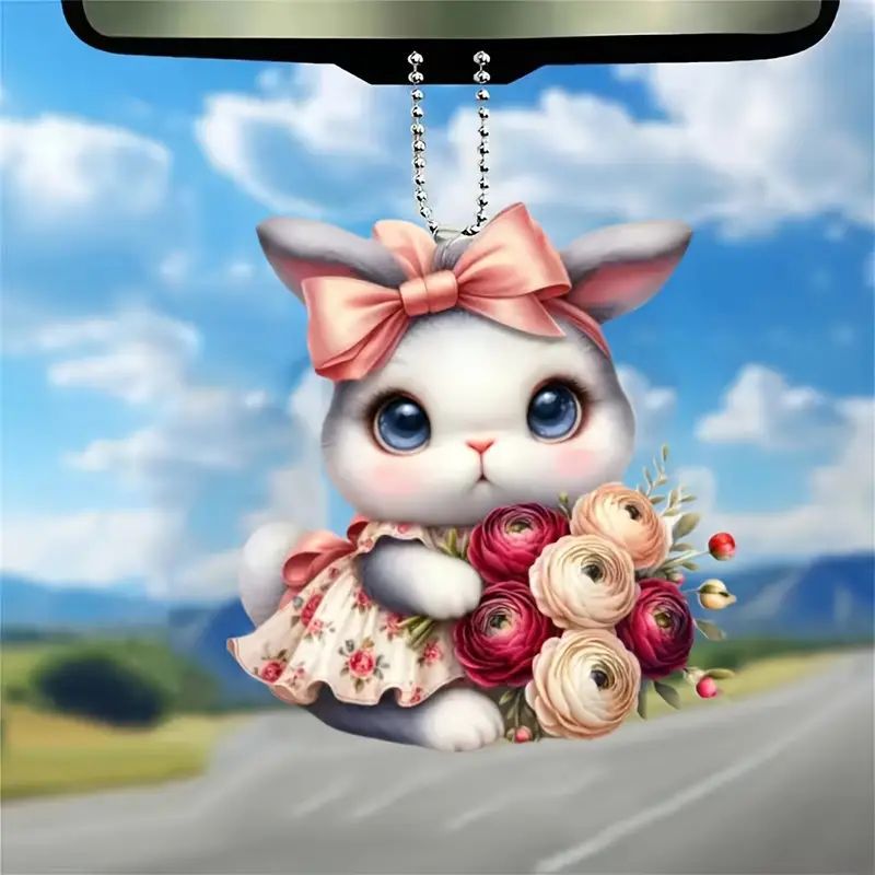 Nuevo creativo adorable conejo colgante acrílico plano transfronterizo automóvil espejo retrovisor interior decoración colgante para el hogar