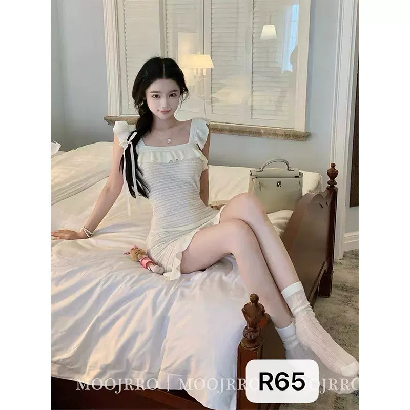 法式木耳边针织连衣裙修身收腰显瘦吊带裙毛织女装工厂批发外贸