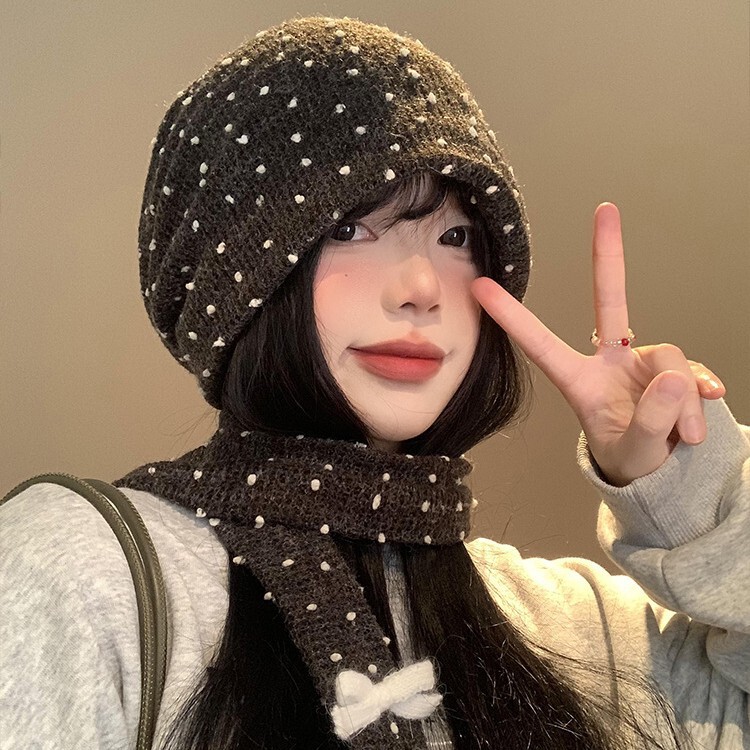 韩系波点堆堆帽女冬季大头围显脸小冷帽护耳保暖针织毛线帽子围巾|undefined
