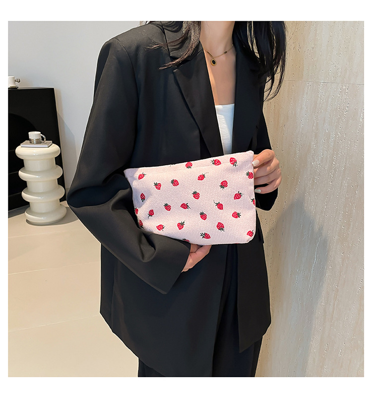 200g Weight Polyester Lining Material Zipper Closure Type / Strap Type Clutch Bag Bags Type Daily, Street, Shopping Occasion Canvas Material Strawberry Pattern All Seasons Season Unisex Gender Cute, Streetwear Style Square Shape Cute Streetwear Strawberry Canvas Square Makeup Bags 12