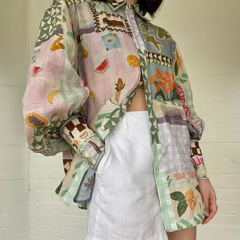 Polyester Fabric Type Regular Top Length Wholesale Women's Hawaiian Multicolor Long Sleeve Blouses