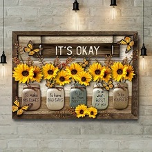 蝴蝶向日葵挂画无框帆布画芯欧美外贸客厅餐厅背景墙画装饰画代发