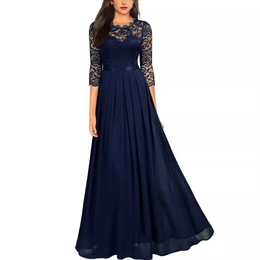 2025 In-Stock Amazon Evening Dress European Style Patchwork Dress Round Neck Lace Long Dress Elegant and Graceful