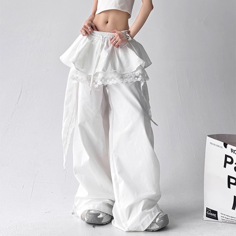 叠穿裙摆设计工装休闲裤女小众拼接蕾丝层次嘻哈爵士hiphop弯刀裤|undefined