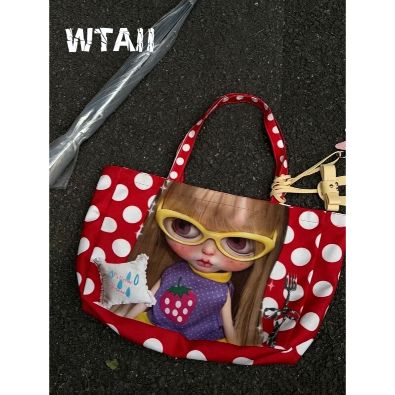 Wtaii Small Doll Canvas Bag for Women, Y2K Style, Double-Sided Shoulder Tote Bag, Cute Handbag Wtaii Small Doll Canvas Bag for Women, Y2K Style, Double-Sided Shoulder Tote Bag, Cute Handbag