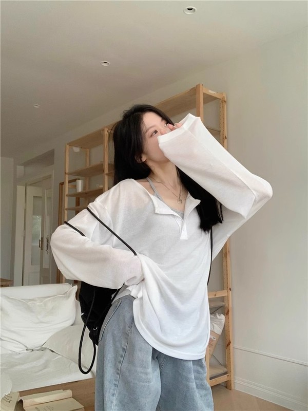 慵懒风小众休闲v领白色长袖防晒T恤罩衫女薄款宽松显瘦外搭上衣|undefined