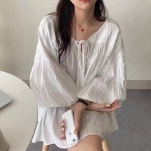 韩国chic夏季复古宫廷风设计感灯笼袖 中长款 宽松短袖 衬衫 上衣