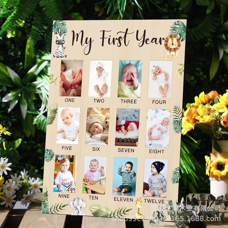 Photo Display Board Wooden Baby Photo Frame 12-Month Newborn Photo Board First Birthday Kindergarten Gift