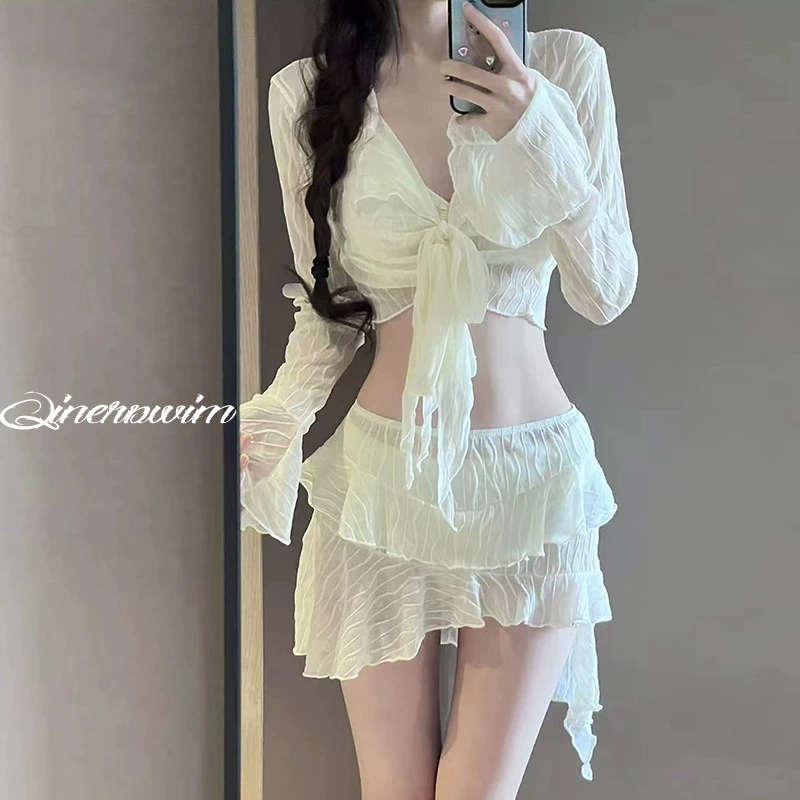 Купальник бикини женский сплошной набор из четырех частей с длинными рукавами солнцезащитный крем сплошной цвет сладкий горячий источник сексуальный купальник профессиональный оптовый