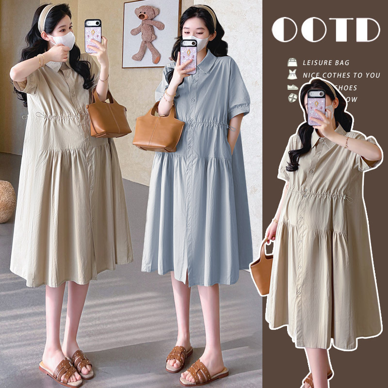 Maternity Wear, Summer Trendy Mom Fashion, New Style Washed Cotton Dress, Loose Plus Size, Suitable for Going Out, Nursing Shirt Dress