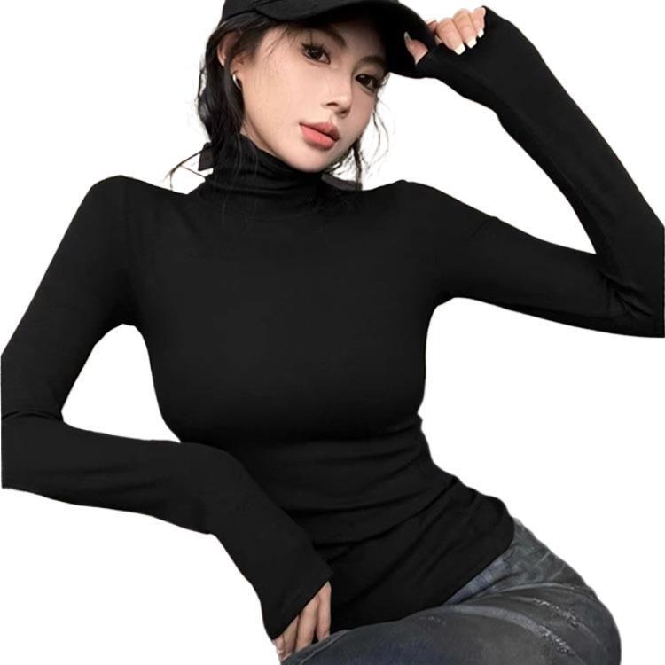 韩版灰色高领长袖T恤女秋季新款收腰修身打底衫纯色紧身内搭上衣|undefined