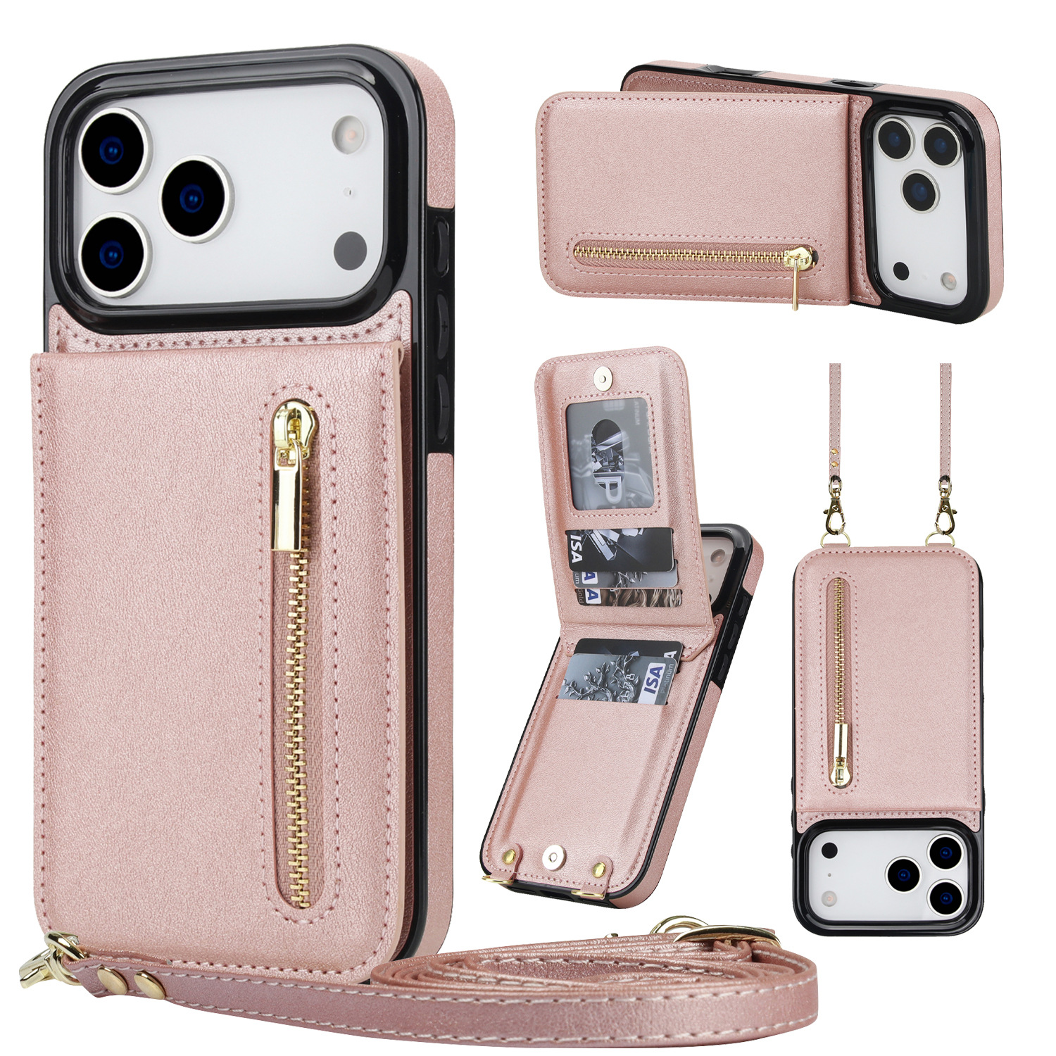 Funda para Teléfono con Soporte Cruzado y Cremallera, Compatible con iPhone 17 Pro, Ranura para Tarjetas para Apple 16, Funda de Cuero de Color Sólido para Samsung S25FE