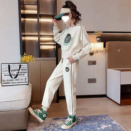 女童春秋新款休闲套装2024中大童时髦拼接印花卫衣哈伦裤两件套潮