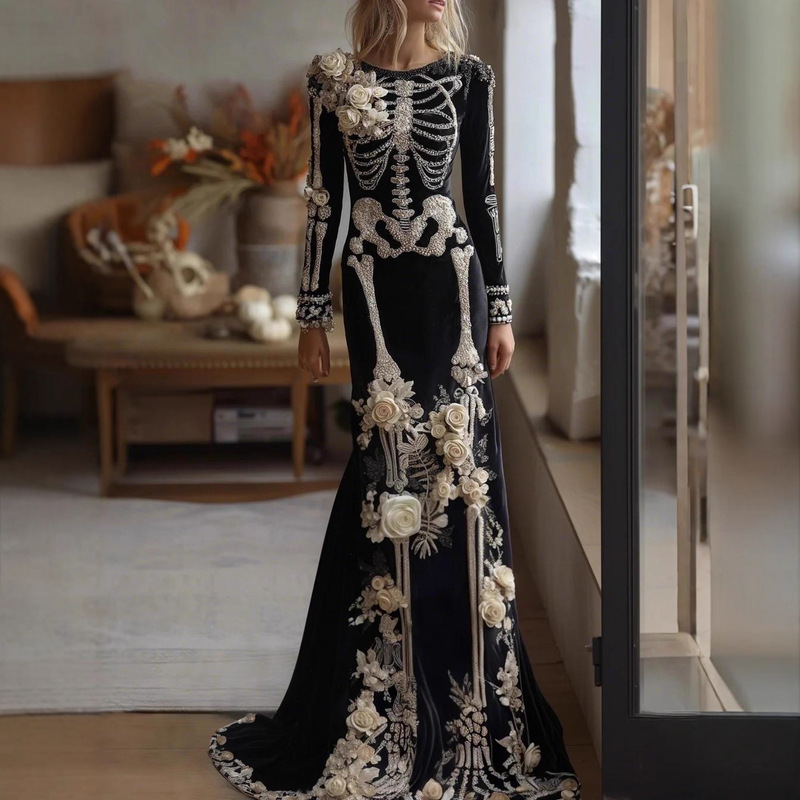 2025 Cross-Border Independent European and American Socialite Halloween Style Women's Clothing Long-Sleeved Short-Sleeved Loose Coat Comfortable Long Dress