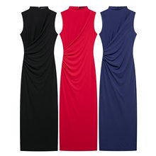 2014-新款女装欧美风半高领褶皱设计修身无袖连衣裙