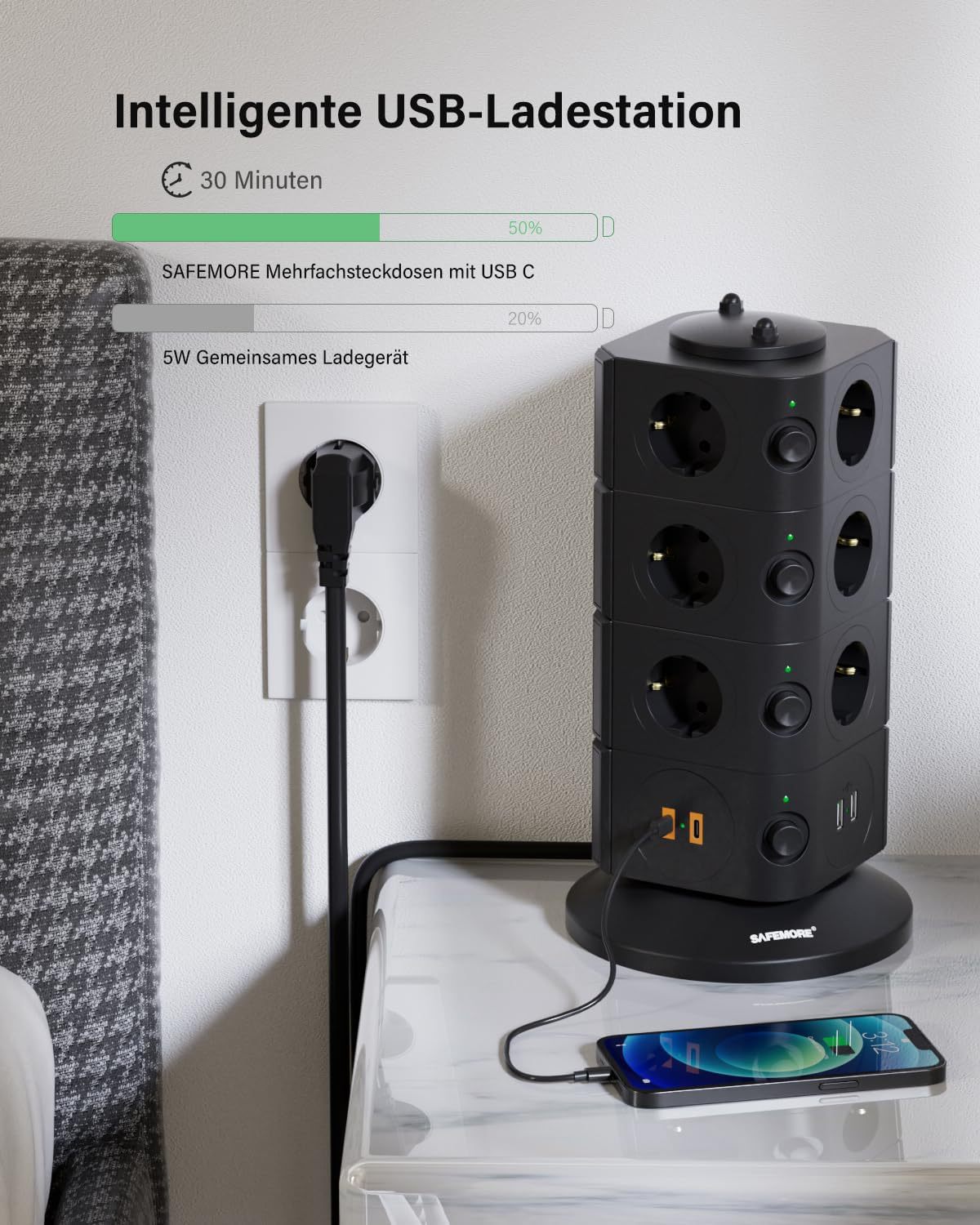 14 FACH STECKDOSENTURM LADESTATION MIT 2 USB C UND 2 USB