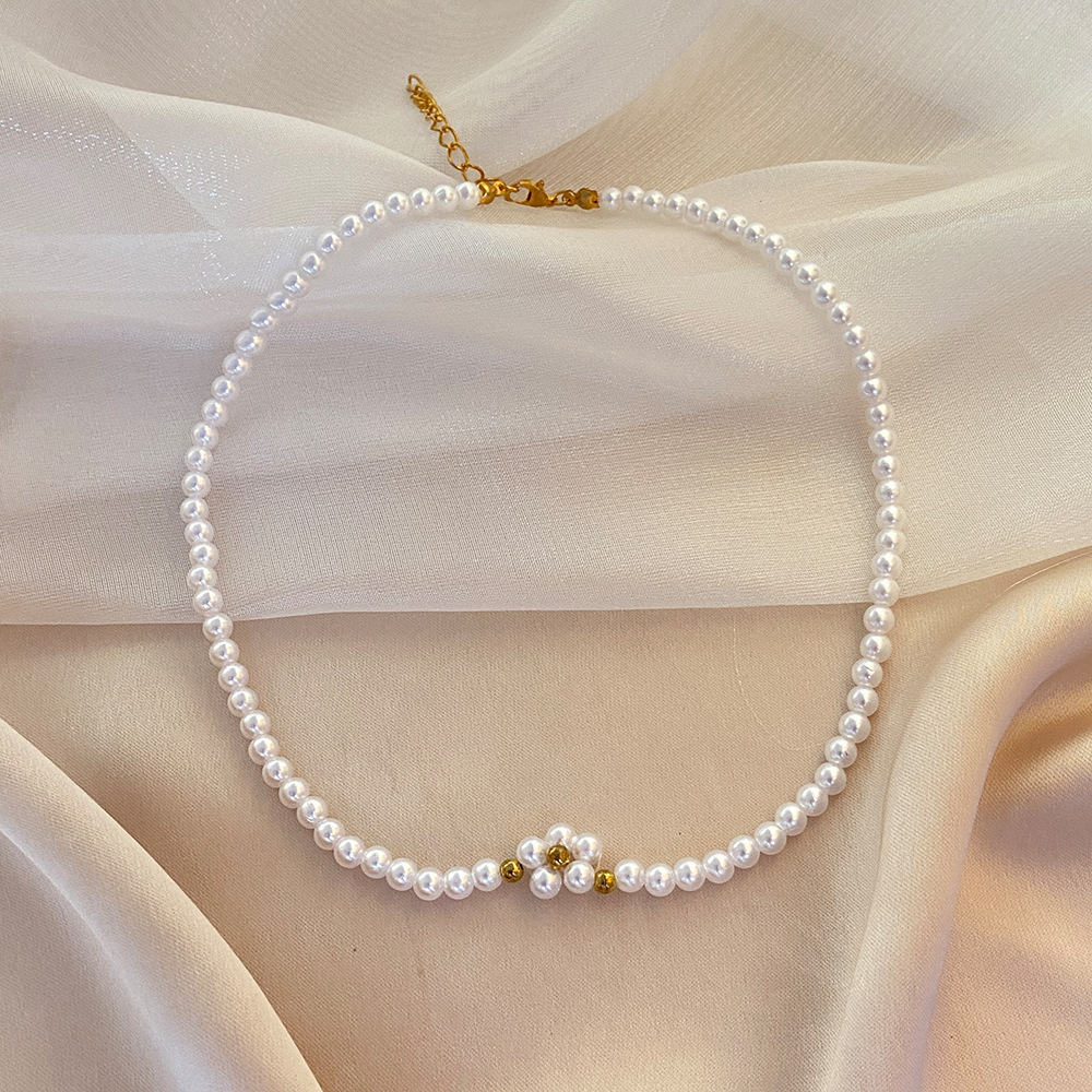 2021 Cross-Border New Arrival Womenu0027s Simple Chock Jewelry Shopee Vintage Simple Pearl Flower Ne