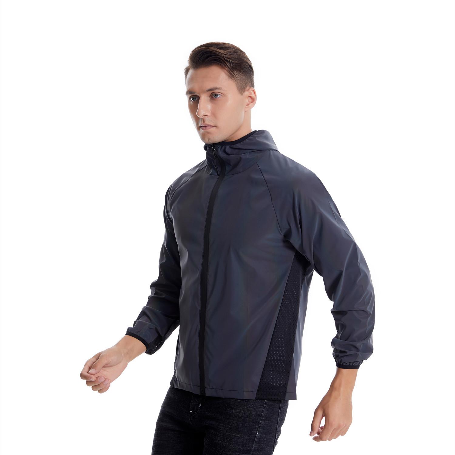 Abbigliamento da uomo, giacca riflettente colorata, sport all'aria aperta, con giunture in rete, giacca con cappuccio traspirante_voghion.com