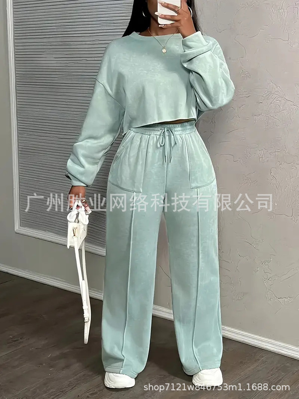 2025欧美跨境外贸春秋新款女装时尚宽松高腰长袖上衣休闲裤子套装|undefined
