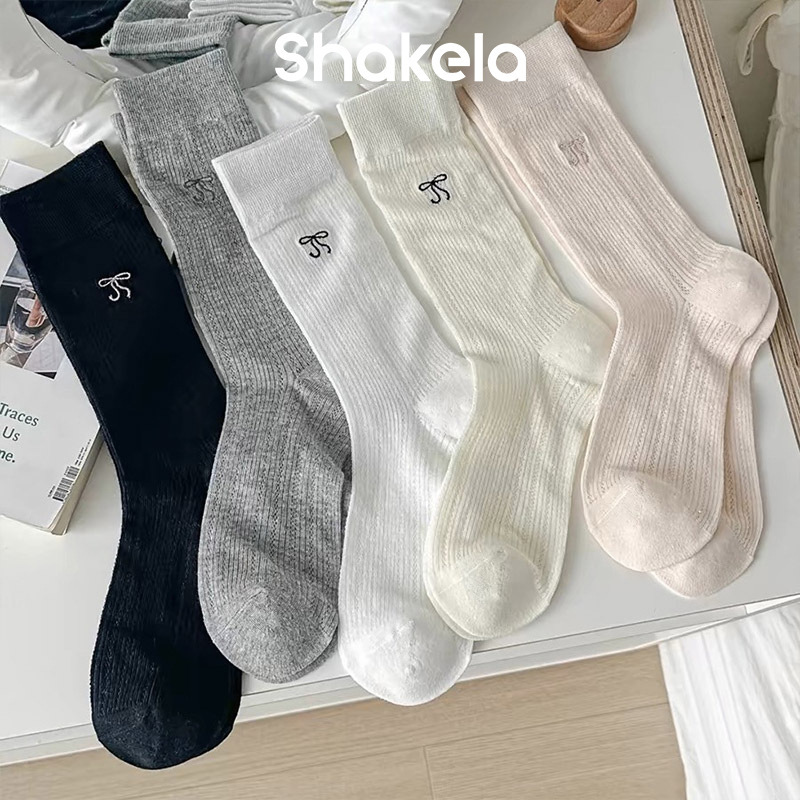 Socks Women's Summer Hollow Ultra-thin Stacked Socks Women's Embroidered Bow Miu Wind Mid-tube Socks Breathable Anti-pilling Cotton