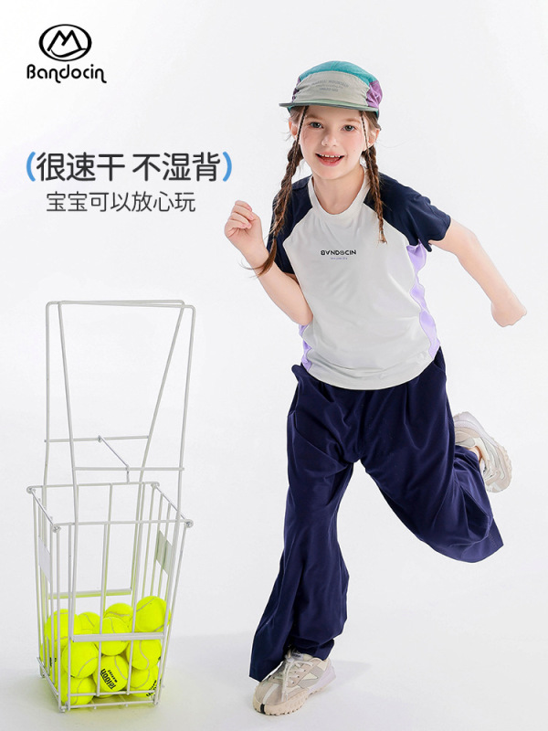ハーフデグリーレジャーガールズスポーツ速乾服夏薄手スタイル2025新しい子供の夏半袖Tシャツトレンディ|undefined