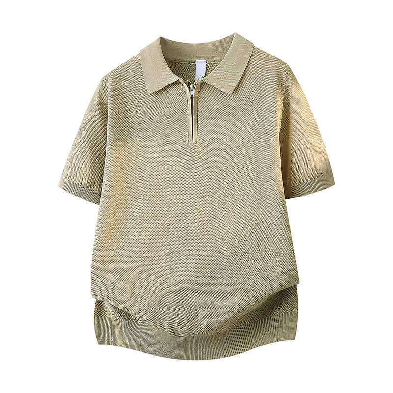 Polo camiseta camiseta de punto camiseta de manga corta camiseta de hombre solapa medio cremallera de color sólido viejo viento de hielo seda de verano fábrica transfronteriza al por mayor