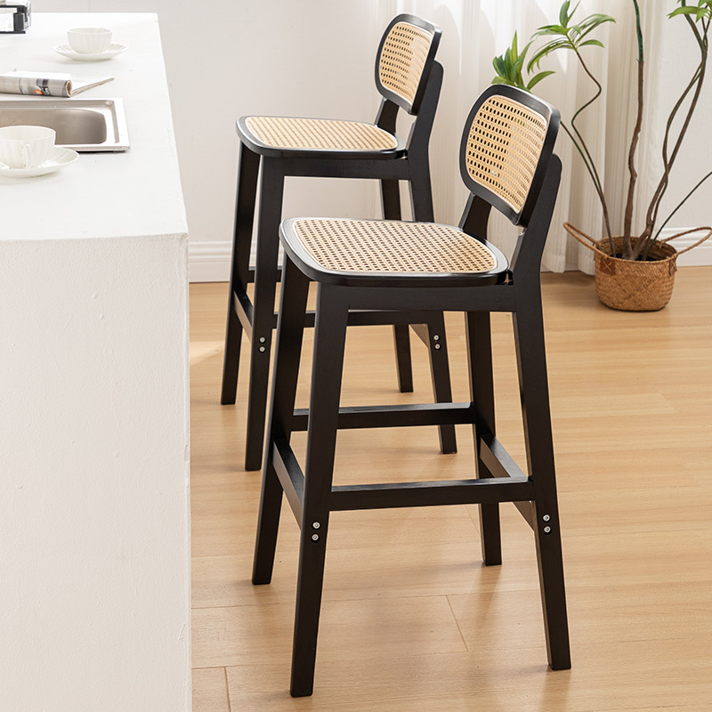 Rattan Bar Chair Nordic Solid Wood Modern Simple Home High Chair Medieval Chair Island Table Wabi-Sabi Style Bar Chair
