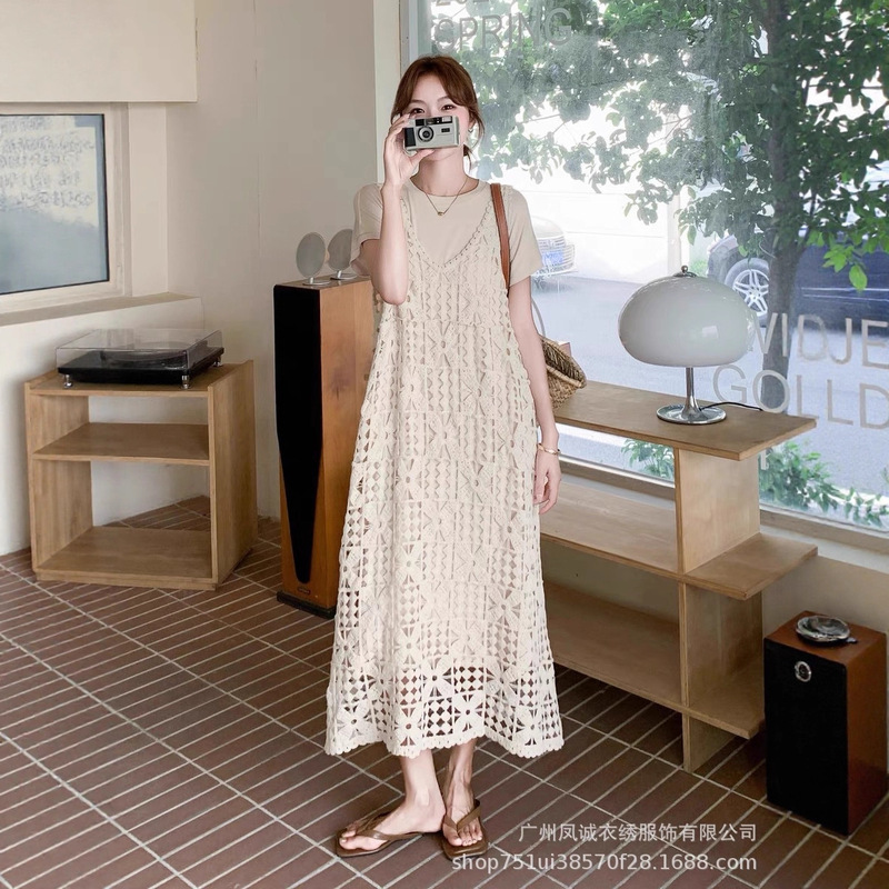 Summer New Style Hook Pattern Hollow Long Suspender Dress Women's Bohemian Resort Style Layered Vest Dress