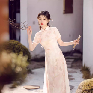 Pink ao dai cheongsam 2024 new improved young girl tea clothes summer tea artist clothing dress