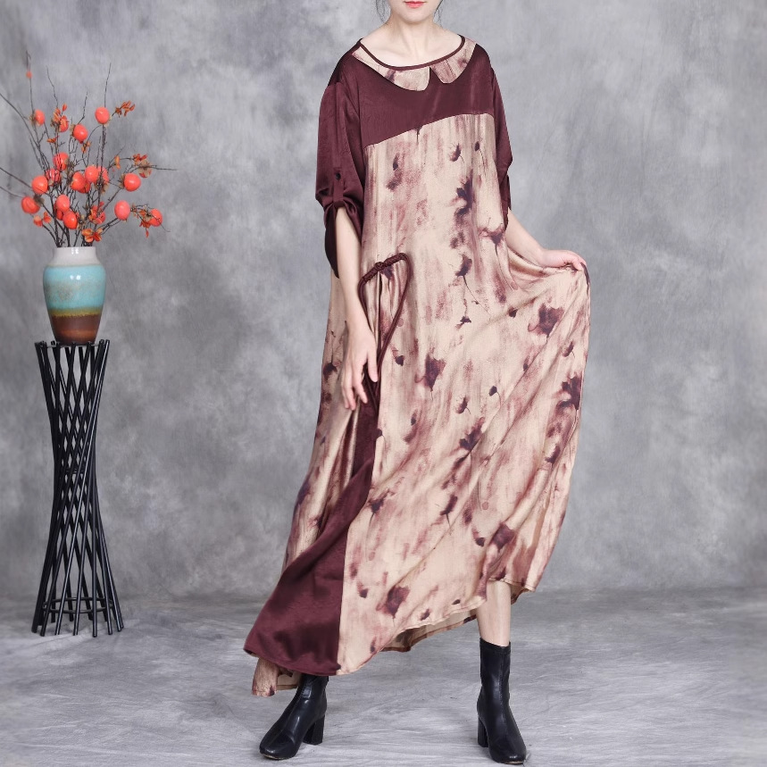 2025春款新品原创天丝印花宽松连衣裙拼接娃娃领修身长裙一件代发