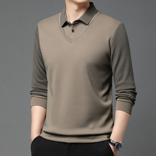 Spring and Autumn New Long Sleeve Polo Shirt Men's High Sense Business Casual Men's Fake Two-Piece Striped Sleeve T-Shirt