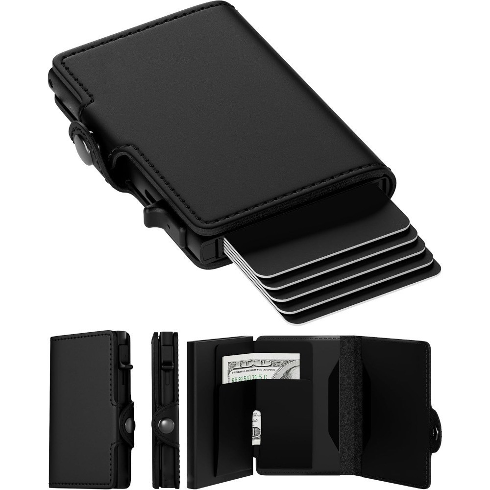 Caja de tarjeta de empuje lateral con cepillo antirrobo RFID transfronterizo, hebilla de clip de metal emergente automática, paquete de tarjeta antidesmagnetizante de gran capacidad