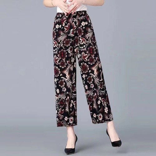 Women's Summer Ice Silk 9/10 Length Thin Casual Loose High-Waisted Anti-Mosquito Mother Flower Pants for Cross-Border Shipping