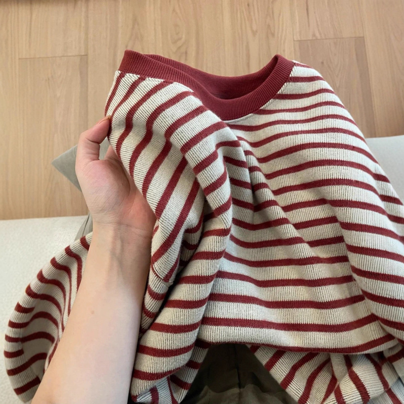 工厂批发韩系早秋新款红色条纹卫衣女慵懒高级感宽松休闲长袖上衣|undefined
